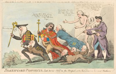 A profecia de Shakespeare, o último ato de alguém em A Tempestade, ou as gralhas com penas emprestadas (de: Caricature, vol. 3) de Isaac Cruikshank