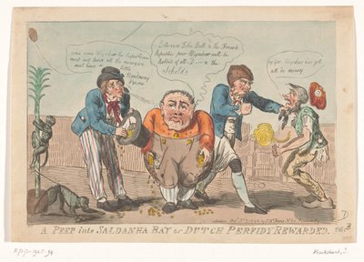 Cartoon representando a capitulação da frota batava na baía do Saldanha, 1796 A Peep into Saldanha Bay ou Dutch Perfidy Rewarded (título no objeto) de Isaac Cruikshank
