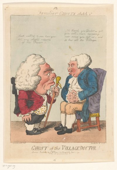 Spotprent op de dorpsarts, 1799 Fantasma do Doutor da Aldeia! (título no objeto) Fantasmas Familiares (título da série no objeto) de Isaac Cruikshank