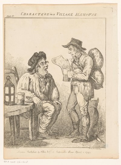 Dois homens em um pub da vila em Derbyshire Personagens em uma cervejaria da vila (título original) Cenas de gênero de diferentes partes da Inglaterra e País de Gales (título da série) Excursões excêntricas ou esboços literários e pictóricos de semblante,  de Isaac Cruikshank