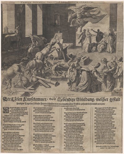 Esquece-se de uma arma
Der Eselen Kunstkammer, das ist lebendige Abbildung, welcher Gestalt heutiges Tag die löbliche freyen künsten von den unwissenden Buffeln gehandlet, herum gezogen (...) (título sobre o objecto) de Isaac Duchemin