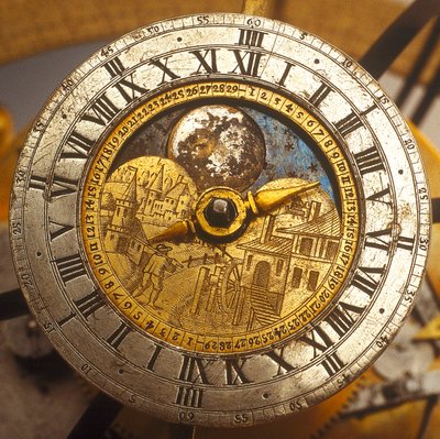 Pormenor do mostrador de um globo celeste com mecanismo de relógio de Isaac III Habrecht