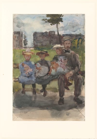 Um homem com três garotas em um banco no Oosterpark em Amsterdã de Isaac Israels
