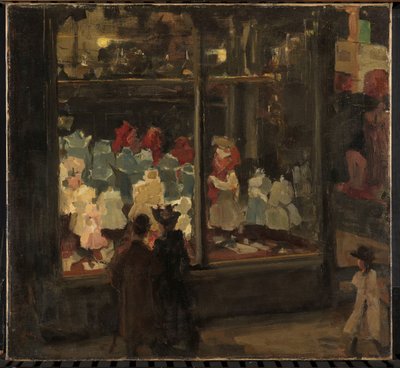 Vitrine Vitrine esquerda com alpendre de entrada afundado do armazém de moda Bahlmann & Co, Nieuwendijk 202, Amsterdã, à noite de Isaac Israels