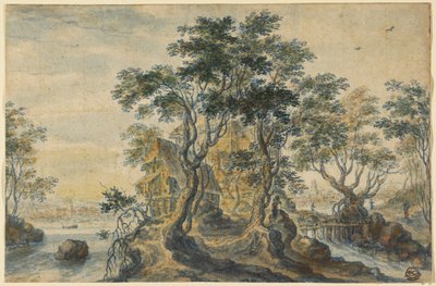 Paisagem fluvial com casa numa ilha rochosa de Isaac Major