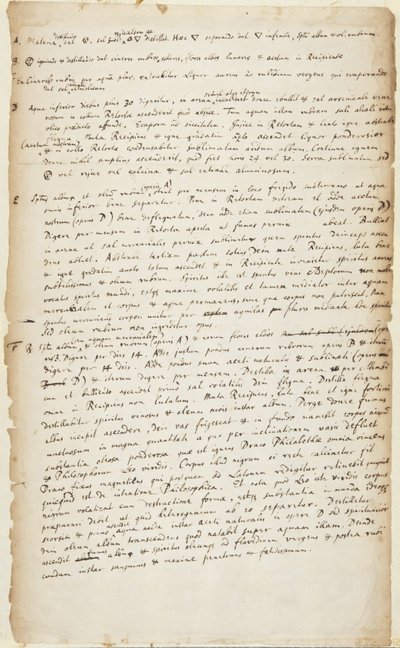 Registro de um experimento em seis etapas começando com destilação seguida de queima, destilação adicional, decocção, calcinação e sublimação, c.1700 de Isaac Newton