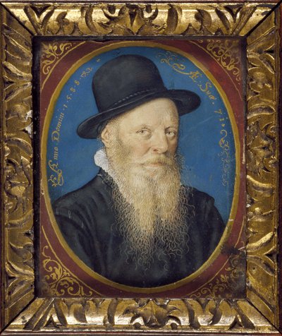 Homem idoso em um chapéu preto, 1588 (óleo no cartão) de Isaac Oliver