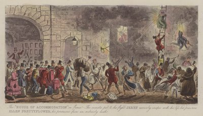 A "Casa de Alojamento" em Chamas! (gravura colorida) de Isaac Robert (after) Cruikshank