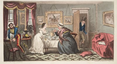 A Bath Beau e Frail Belle ou o Sr. B. e a Srta. L., do The English Spy, pub. 1824 (gravura colorida à mão) de Isaac Robert Cruikshank