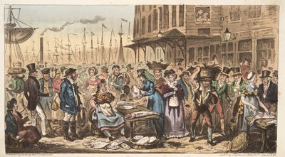 Uma brincadeira em High Life, ou uma visita a Billingsgate, do The English Spy, pub. 1824 (gravura colorida à mão) de Isaac Robert Cruikshank