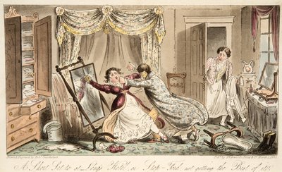Um pequeno conjunto no Longs Hotel ou Stop-Ford, não obtendo o melhor dele, do The English Spy, pub. 1824 (gravura colorida à mão) de Isaac Robert Cruikshank