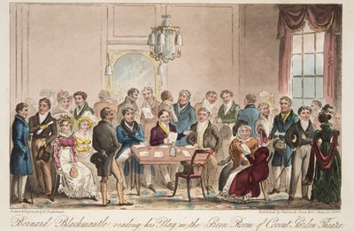 Bernard Blackmantle lendo sua peça na Sala Verde do Covent Garden Theatre, do The English Spy, pub. 1824 (gravura colorida à mão) de Isaac Robert Cruikshank