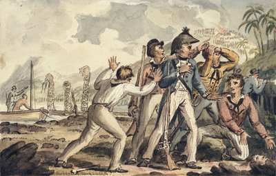 Capitão Burney descobrindo seus companheiros assassinados, ilustração de "The Voyages of Captain Cook" de Isaac Robert Cruikshank