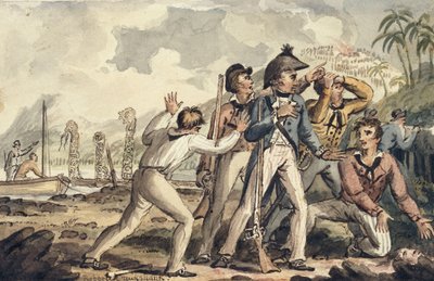 Capitão Burney descobrindo seus companheiros de navio assassinados ", das viagens do capitão Cook de Isaac Robert Cruikshank