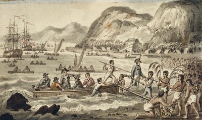 Captain Cook Landing in Owyhee, ilustração de "The Voyages of Captain Cook" de Isaac Robert Cruikshank
