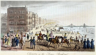Personagens no Brighton - em "The English Spy", de Charles Molloy Westmacott, desenho de Robert Cruikshank, London Edition de Isaac Robert Cruikshank