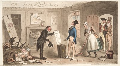 College Comforts, um calouro tomando posse de seus quartos, do The English Spy, pub. 1824 (gravura colorida à mão) de Isaac Robert Cruikshank