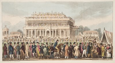 Curso de corrida de Doncaster durante a Grande Corrida de St. Leger, 1824, do The English Spy, pub. 1824 (gravura colorida à mão) de Isaac Robert Cruikshank