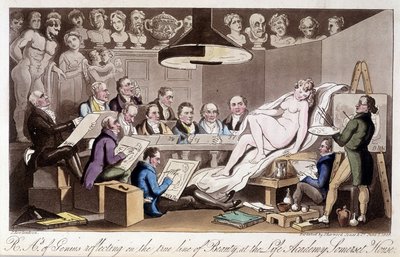 Aula de desenho para adultos. Em "The English Spy", de Charles Molloy Westmacott. Desenho de Robert Guikshand de Isaac Robert Cruikshank
