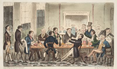 Evening and in High Spirits, uma cena no Longs Hotel, Bond Street, do The English Spy, pub. 1824 (gravura colorida à mão) de Isaac Robert Cruikshank