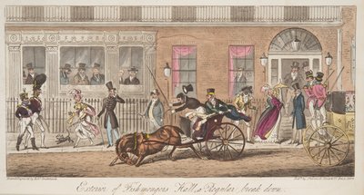 Exterior do Fishmongers Hall, St. James Street, com vista para um colapso regular, do The English Spy, pub. 1824 (gravura colorida à mão) de Isaac Robert Cruikshank