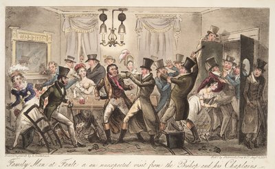 Family Men at Fault, ou uma visita inesperada do Bispo e seus Capelães, de, The English Spy, pub. 1824 (gravura colorida à mão) de Isaac Robert Cruikshank