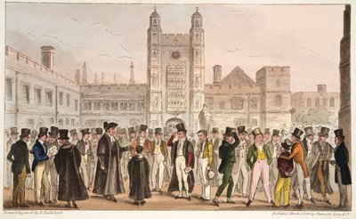 First Absence, ou Etonians Answering Morning Master Roll, do The English Spy publicado em 1824 (gravura colorida à mão) de Isaac Robert Cruikshank