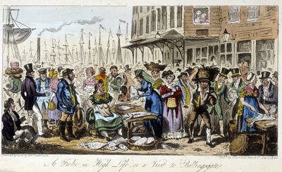 Fish Market in London - em "The English Spy" de Charles Molloy Westmacott, desenho de Robert Cruikshank, London Edition de Isaac Robert Cruikshank