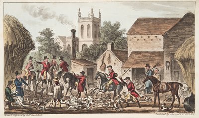 Saindo; Uma visão de Berkeley Hunt Kennel, do The English Spy publicado em 1824, (gravura colorida à mão) de Isaac Robert Cruikshank
