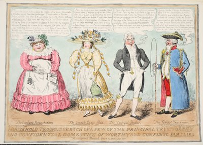 Tropas domésticas, ou um esboço de alguns dos principais Domésticos Confiáveis Confiáveis de Dignos e Famílias Confiantes, 1827 (gravura colorida à mão) de Isaac Robert Cruikshank