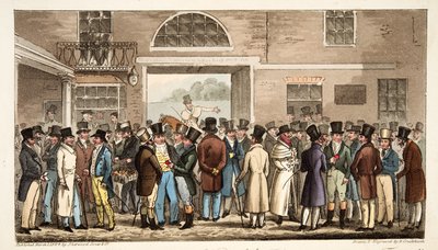 Segunda-feira após o Great St Leger, ou Heroes of the Turf Pagando e Receving no Tattersalls, do The English Spy, pub. 1824 (gravura colorida à mão) de Isaac Robert Cruikshank