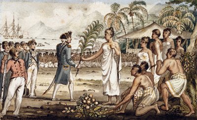 Oatehite, ilustração de "As Viagens do Capitão Cook" de Isaac Robert Cruikshank
