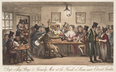 Peep ODays e Famiiy Men no Finish, do The English Spy, pub. 1824 (gravura colorida à mão) de Isaac Robert Cruikshank