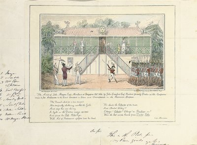 The Arrest of John Morgan, Esq., Merchant, Singapore, outubro de 1824, por John Crawford Esq., Residente, Ex-Doctor on the Companies Service, Late Ambassador to the Court, Bangkok, Siam, and Umrapoorah, Império Birmanês, maio de 1827 de Isaac Robert Cruikshank