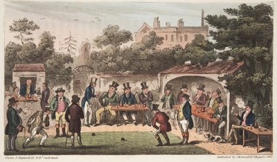 O Bowling Alley, Worcester, ou Personagens da Mão e Glove Club, do The English Spy, publicou Londres, 1824 (gravura colorida à mão) de Isaac Robert Cruikshank