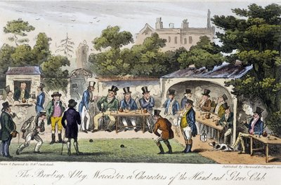 The Bowling Alley or Characters of the Hand and Glove Club - em "The English Spy" de Charles Molloy Westmacott, desenho de Robert Cruikshank, London Edition de Isaac Robert Cruikshank