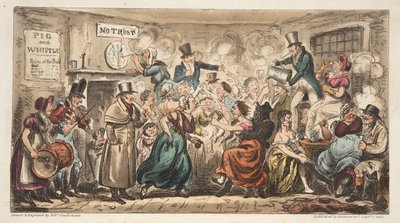 O Buff Club no Pig and Whistle, Avon Street, Bath, do The English Spy, pub. Londres, 1824 (gravura colorida à mão) de Isaac Robert Cruikshank