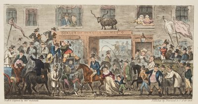 A procissão cômica do espião inglês, bar. 1824 (gravura colorida à mão) Gloucester a Berkeley, de The English Spy, pub. 1824 (gravura colorida à mão) de Isaac Robert Cruikshank
