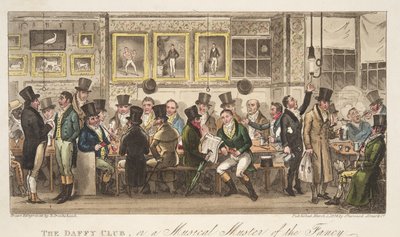 O Daffy Club, ou um Muster Muster of the Fancy, do The English Spy, pub. 1824 (gravura colorida à mão) de Isaac Robert Cruikshank