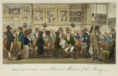 The Daffy Club, ou um Muster Musical of the Fancy, publicado em 1824 (cor litho) de Isaac Robert Cruikshank
