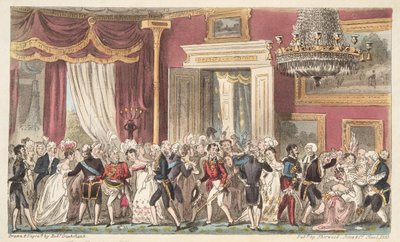 A noite na sala circular; ou um Squeeze no Carlton Palace, do The English Spy, pub. 1824 (gravura colorida à mão) de Isaac Robert Cruikshank