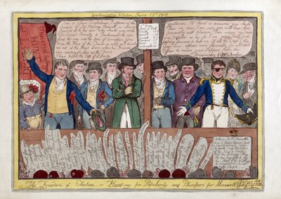 A liberdade na eleição ou caça para a popularidade e plumpers para Maxwell, bar. G. Humphrey, 1818 (gravura colorida à mão) de Isaac Robert Cruikshank