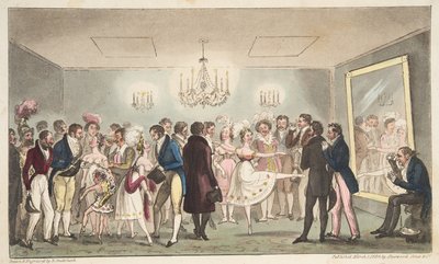 A Sala Verde do Kings Theatre, ou Amadores Nobres vendo Curiosidades Estrangeiras, do The English Spy, pub. 1824 (gravura colorida à mão) de Isaac Robert Cruikshank