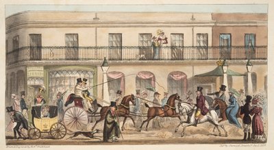 A High Street, Cheltenham, do The English Spy, pub. 1824 (gravura colorida à mão) de Isaac Robert Cruikshank