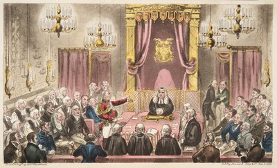 A Casa dos Lordes em Alto Debate, do The English Spy, pub. 1824 (gravura colorida à mão) de Isaac Robert Cruikshank