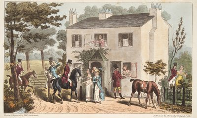 O Oakland Cottages, Cheltenham, ou Fox Hunters e seus Favoritos, do The English Spy, pub. 1824 (gravura colorida à mão) de Isaac Robert Cruikshank