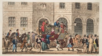 Os Correios de Bristol, Chegada do London Mail, do The English Spy, publicado em Londres, 1824 de Isaac Robert Cruikshank