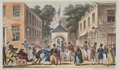 O Royal Wells, Cheltenham ou afecções espasmódicas de Spa Waters, do The English Spy, pub. 1824 (gravura colorida à mão) de Isaac Robert Cruikshank