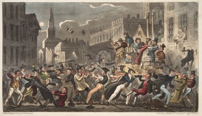 Cidade e vestido, do espião inglês, bar. 1824 (gravura colorida à mão) de Isaac Robert Cruikshank