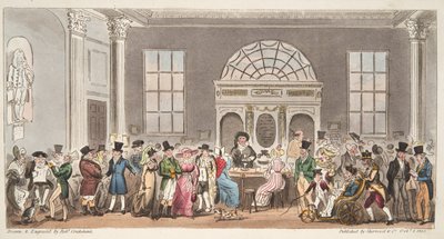 Bem conhecidos visitantes do Pump Room, Bath, tomando um gole com King Bladud, do The English Spy, pub. 1824 (gravura colorida à mão) de Isaac Robert Cruikshank